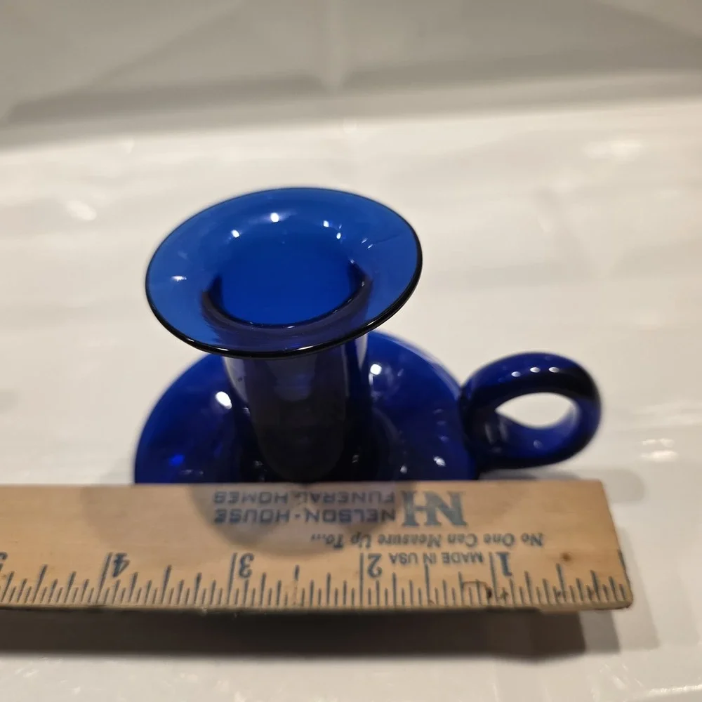 Vintage Hand Blown Cobalt Blue Art‎ Glass Finger Loop Handle Candlestick Holder